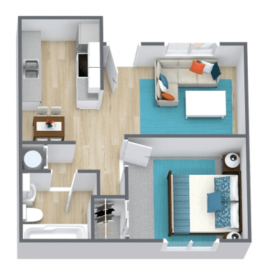 a stylized floor plan with a bedroom and living room